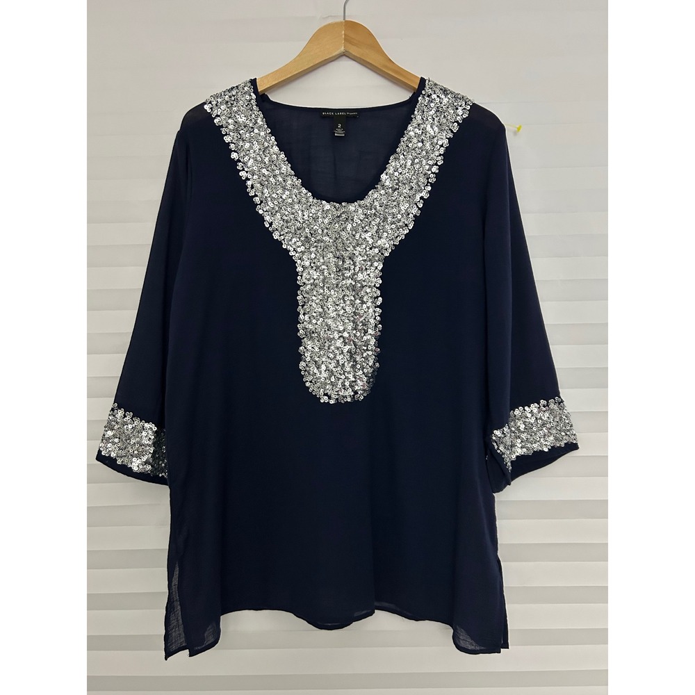 Black Label by Chico's Navy Sequin V-Neck Tunic Top 3/4 Sleeve Cotton Linen 2